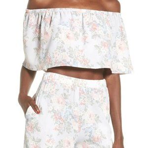 ✨NWT Wayf Off-The-Shoulder Floral Pale Blue Crop Top Size XS Elastic Ruffle✨